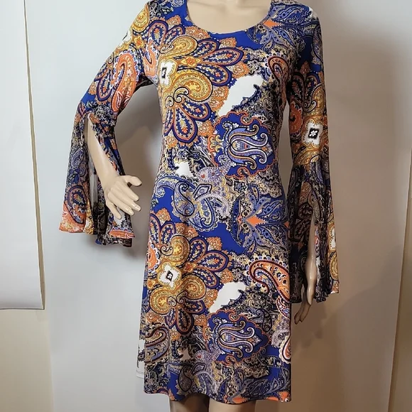 MSK Women's Paisley Mini Dress - Blue, Orange, Yellow - Picture 4 of 13
